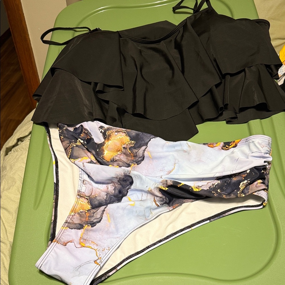Black Ruffle Bikini Top and Marble Print Bottoms